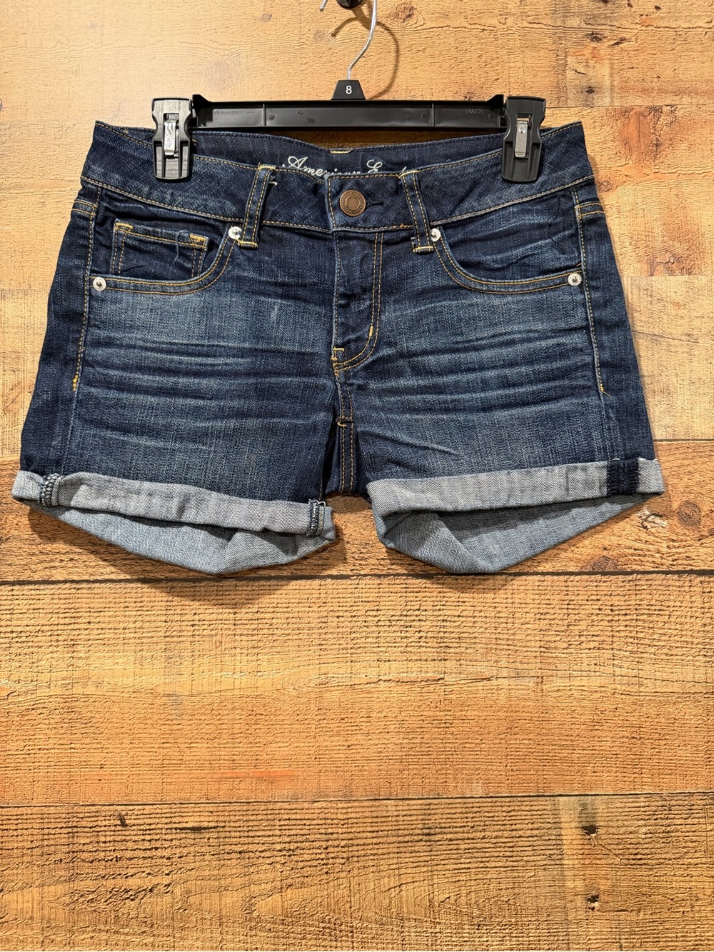 American Eagle  Dark Wash Denim Roll-Cuff Women’s Stretch Midi Shorts Size 6